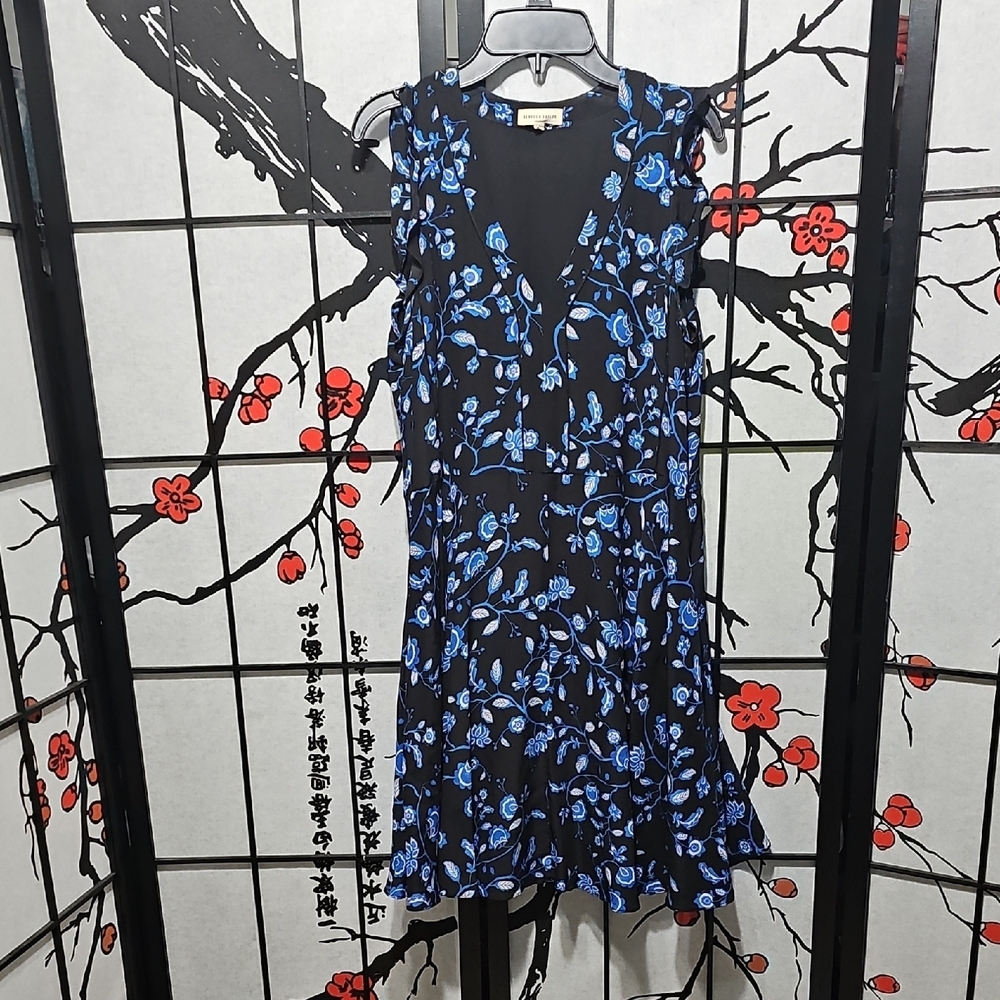 Rebecca Taylor Sleeveless Silk Black and Blue Floral Midi Dress Size 4 - Picture 2 of 8